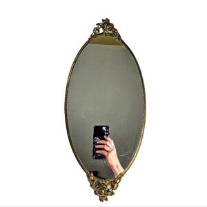 Vintage Oval Vanity Mirror Gold Filigree Bridgerton Regency Rose Accents 16 in